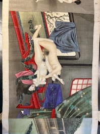 Japanse school: een shunga emaki (erotische handscroll), inkt en kleur op zijde, Edo/Meiji, 18/19e eeuw