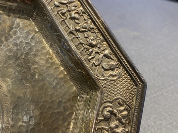 A Chinese silver monogrammed goblet and an octagonal tripod dish, 19/20th C.