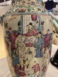 Two Chinese famille rose vases with antiquities and court scenes, 19th C.
