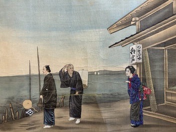 Japanse school: een shunga emaki (erotische handscroll), inkt en kleur op zijde, Edo/Meiji, 18/19e eeuw