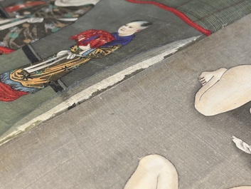 Japanse school: een shunga emaki (erotische handscroll), inkt en kleur op zijde, Edo/Meiji, 18/19e eeuw