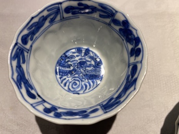 Eleven Chinese blue and white cups and ten saucers, Kangxi