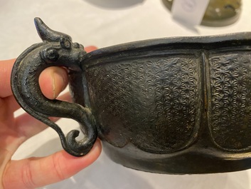 A Chinese archaistic bronze dragon-handled censer, Yuan