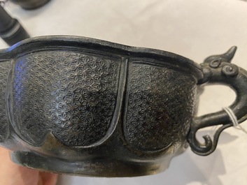 A Chinese archaistic bronze dragon-handled censer, Yuan