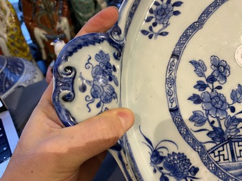 A large Chinese blue and white tray with rocaille handles, Qianlong