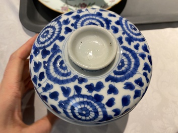Six Chinese blue and white and famille rose porcelain wares, Kangxi and later