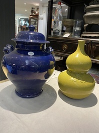 A Chinese monochrome yellow double gourd vase and a blue vase and cover, Republic