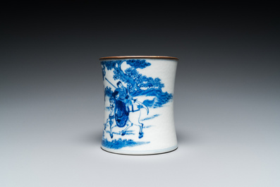 A Chinese blue and white brush pot, Kangxi mark, 19th C.
