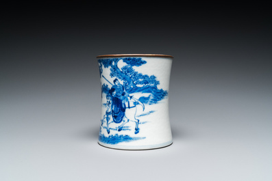 Pot &agrave; pinceaux en porcelaine de Chine en bleu et blanc, marque de Kangxi, 19&egrave;me