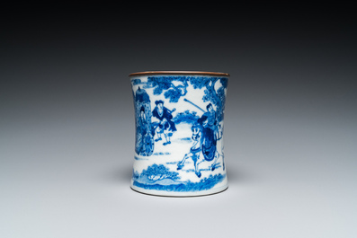 Pot &agrave; pinceaux en porcelaine de Chine en bleu et blanc, marque de Kangxi, 19&egrave;me