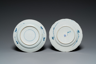 Two blue and white plates with the same design in Chinese porcelain and Dutch Delftware, Kangxi and 18th C.