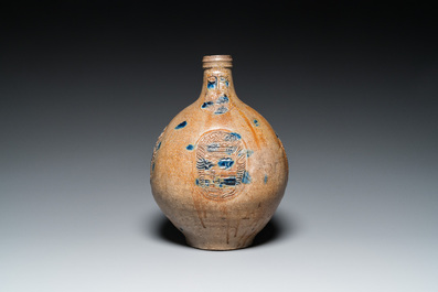 A large stoneware bellarmine jug with cobalt blue splashes, Cologne or Raeren, ca. 1600