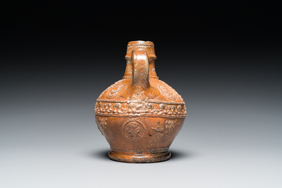 A small stoneware bellarmine jug with portrait medallions, Cologne, 16th C.