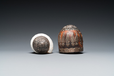 Five Tibetan ritual objects in copper, silver, jade and wood, 19/20th C.