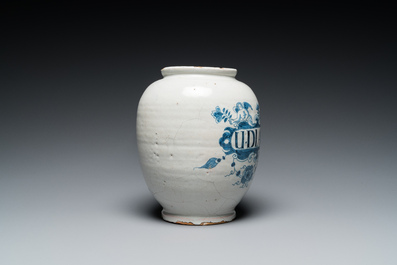 A blue and white English Delftware drug jar, probably London, 18th C.