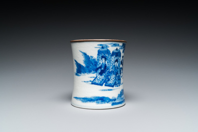 A Chinese blue and white brush pot, Kangxi mark, 19th C.