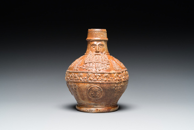 A small stoneware bellarmine jug with portrait medallions, Cologne, 16th C.