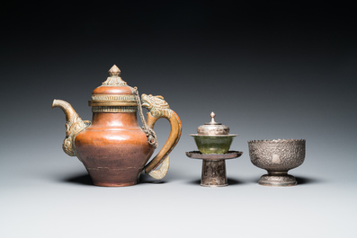 Five Tibetan ritual objects in copper, silver, jade and wood, 19/20th C.