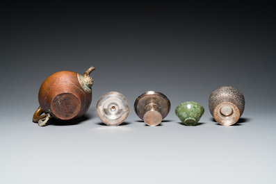 Five Tibetan ritual objects in copper, silver, jade and wood, 19/20th C.