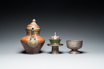 Five Tibetan ritual objects in copper, silver, jade and wood, 19/20th C.