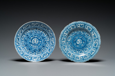 Two blue and white plates with the same design in Chinese porcelain and Dutch Delftware, Kangxi and 18th C.