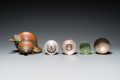 Five Tibetan ritual objects in copper, silver, jade and wood, 19/20th C.