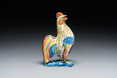 A fine polychrome Dutch Delft model of a rooster, 18th C.