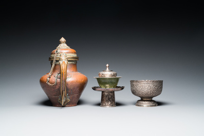 Five Tibetan ritual objects in copper, silver, jade and wood, 19/20th C.