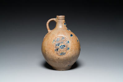 A large stoneware bellarmine jug with cobalt blue splashes, Cologne or Raeren, ca. 1600