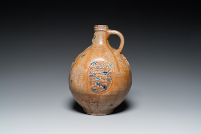 A large stoneware bellarmine jug with cobalt blue splashes, Cologne or Raeren, ca. 1600