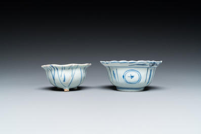 A Chinese blue and white plate, a klapmuts bowl and a trick cup, Wanli/Yongzheng