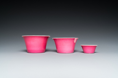 Three Chinese monochrome pink bowls, Guangxu mark and of the period