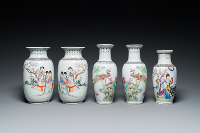 Six Chinese famille rose vases and a covered teapot, 20th C.