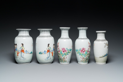 Six Chinese famille rose vases and a covered teapot, 20th C.