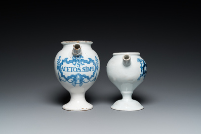Two blue and white Brussels faience wet drug jars, late 17th and 19th C.