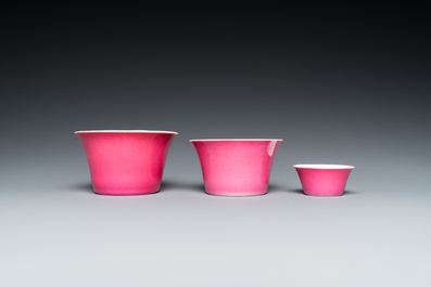 Three Chinese monochrome pink bowls, Guangxu mark and of the period