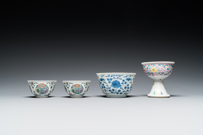 A Chinese famille rose stem cup, a blue and white bowl and a pair of doucai bowls, Yongzheng and later