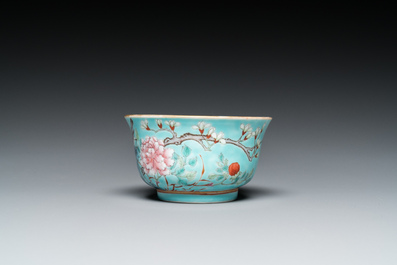 A Chinese turquoise-ground famille rose bowl and matching plate, Guangxu mark and of the period