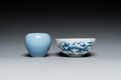 A Chinese blue and white 'dragon' bowl and a lavender-blue-glazed brushwasher, Qianlong mark, 19/20th C.
