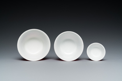 Three Chinese monochrome pink bowls, Qianlong mark, 19/20th C.
