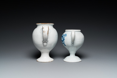 Two blue and white Brussels faience wet drug jars, late 17th and 19th C.