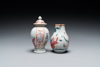 A Chinese famille rose 'mandarin subject' tea caddy and a jug with the 'Judgement of Paris', Qianlong