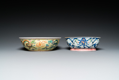 Two Chinese famille rose 'dragon' bowls and a vase with floral design, 19/20th C.