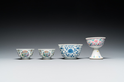A Chinese famille rose stem cup, a blue and white bowl and a pair of doucai bowls, Yongzheng and later