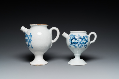 Two blue and white Brussels faience wet drug jars, late 17th and 19th C.