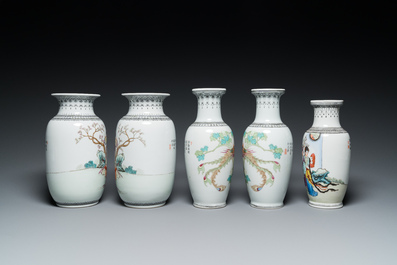 Six Chinese famille rose vases and a covered teapot, 20th C.