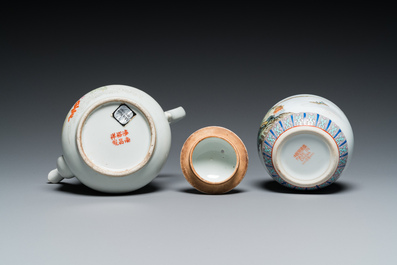 Six Chinese famille rose vases and a covered teapot, 20th C.