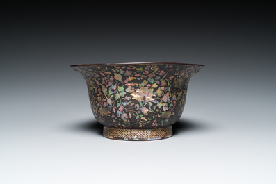 A large Chinese mother-of-pearl-inlaid black lacquer bowl, Kangxi
