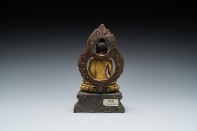 A Sino-Tibetan gilt and silvered copper alloy Medicine Buddha or Bhaishajyaguru, 19th C.
