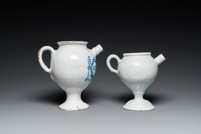 Two blue and white Brussels faience wet drug jars, late 17th and 19th C.